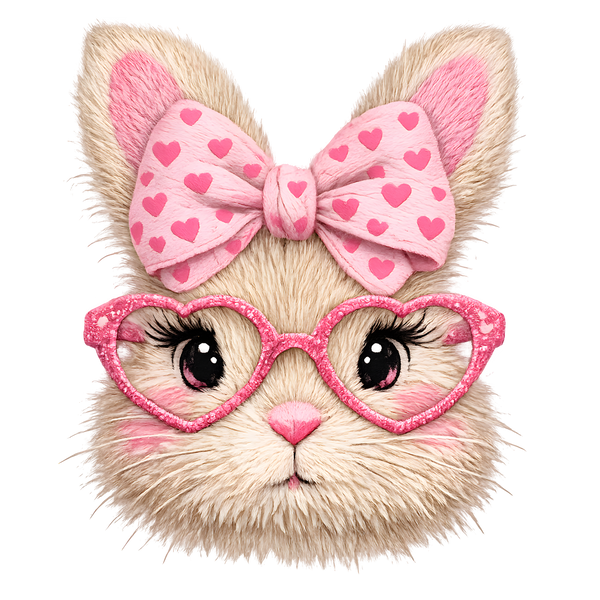 Fuzzy Easter Bunny with Pink Heart Bow & Glitter Glasses – Easter Ready to Press DTF Transfer