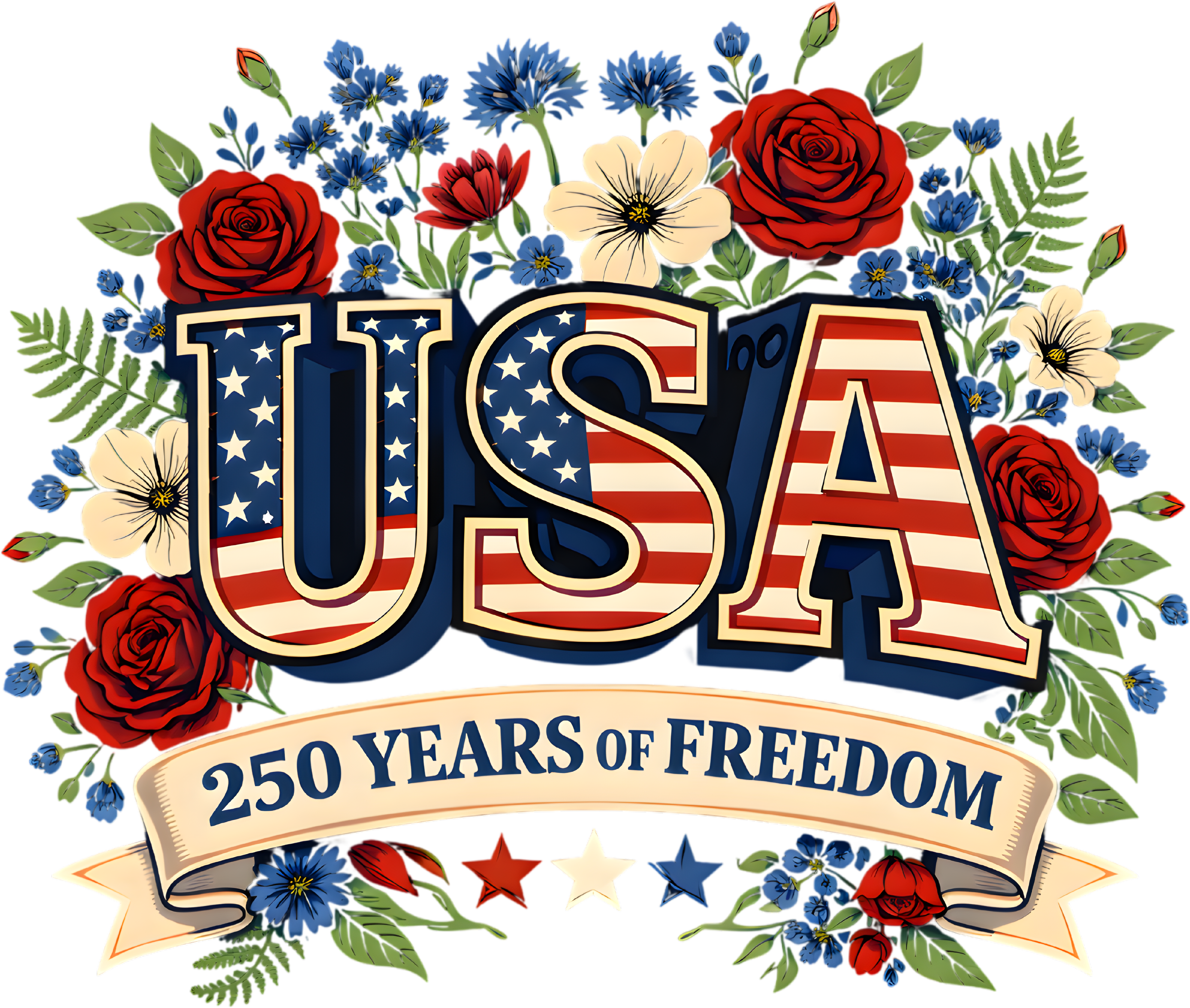 USA 250 Years of Freedom Patriotic Floral American Flag Fourth of July Graphic – 4th of July Ready to Press DTF Transfer