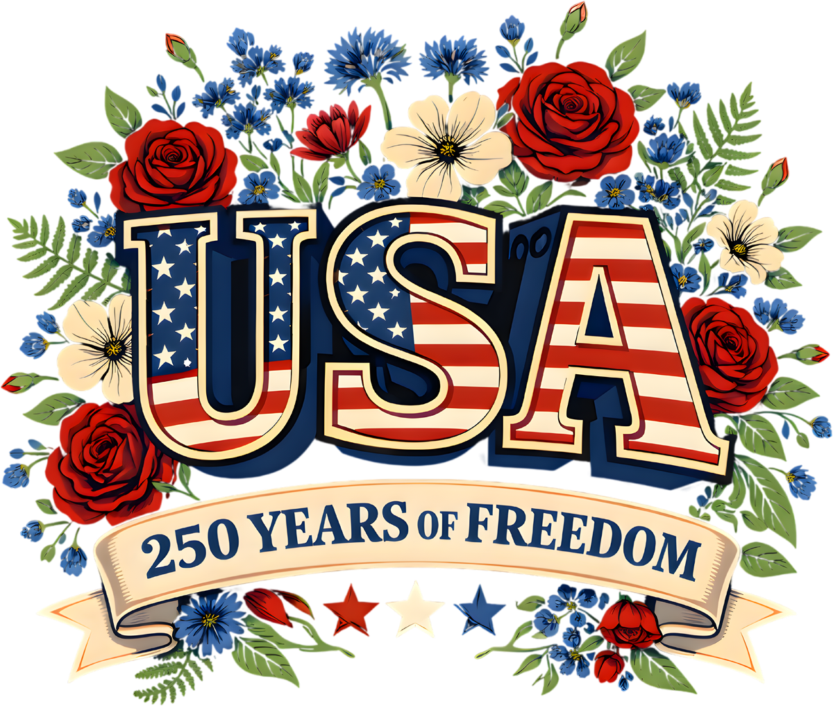USA 250 Years of Freedom Patriotic Floral American Flag Fourth of July Graphic – 4th of July Ready to Press DTF Transfer