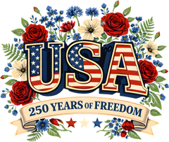 USA 250 Years of Freedom Patriotic Floral American Flag Fourth of July Graphic – 4th of July Ready to Press DTF Transfer