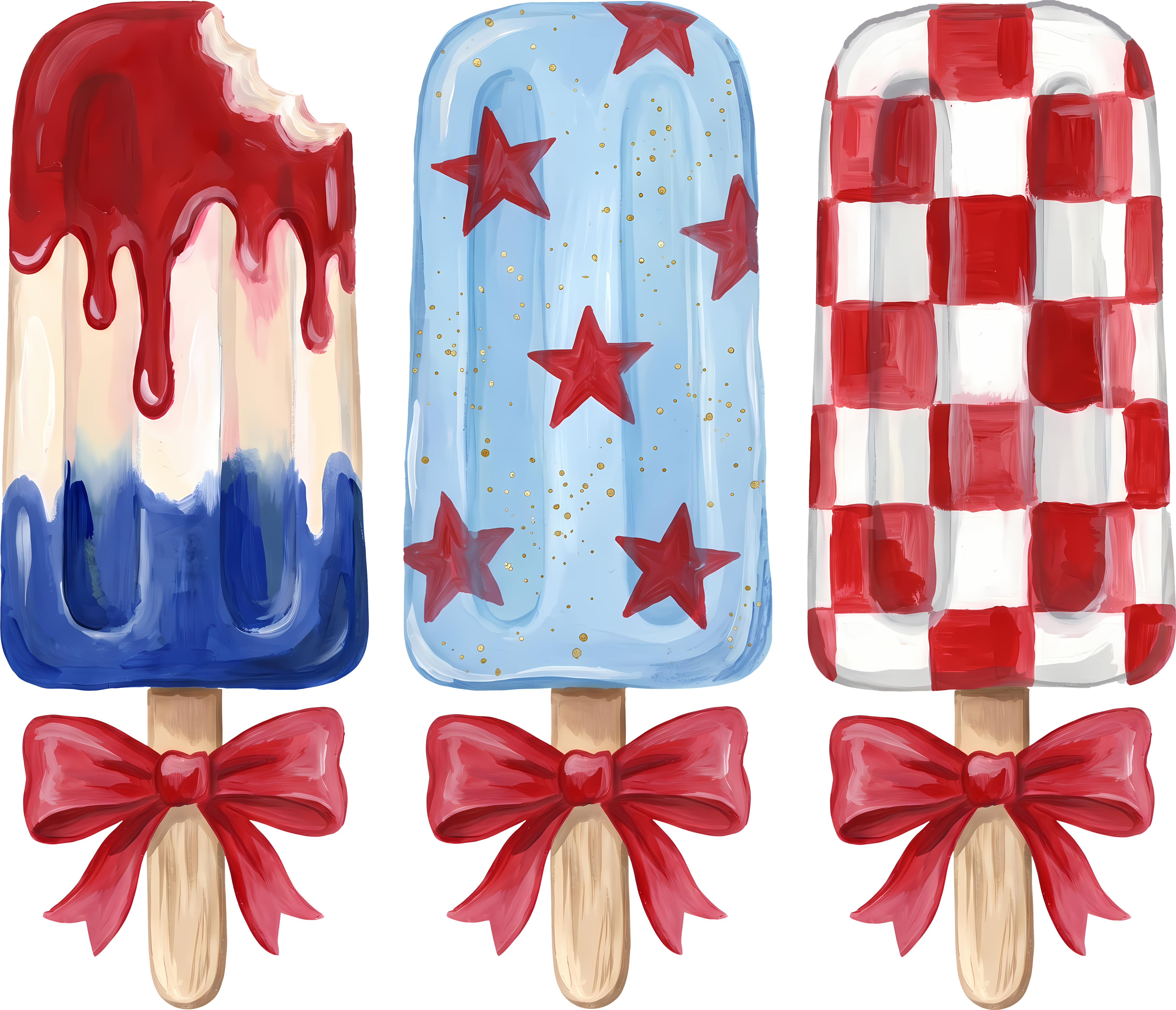 Patriotic Red White Blue Popsicle Trio with Bows Fourth of July Summer Graphic – 4th of July Ready to Press DTF Transfer