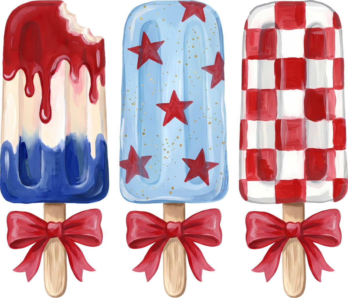 Patriotic Red White Blue Popsicle Trio with Bows Fourth of July Summer Graphic – 4th of July Ready to Press DTF Transfer