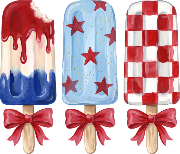 Patriotic Red White Blue Popsicle Trio with Bows Fourth of July Summer Graphic – 4th of July Ready to Press DTF Transfer