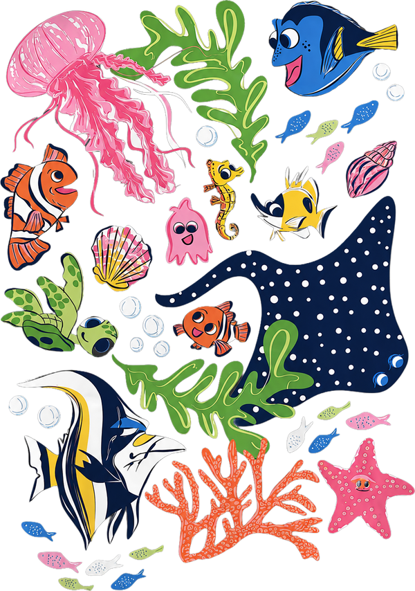 Cute Ocean Sea Life Cartoon Fish Jellyfish Coral Underwater Marine Animals Graphic – Animals Ready to Press DTF Transfer