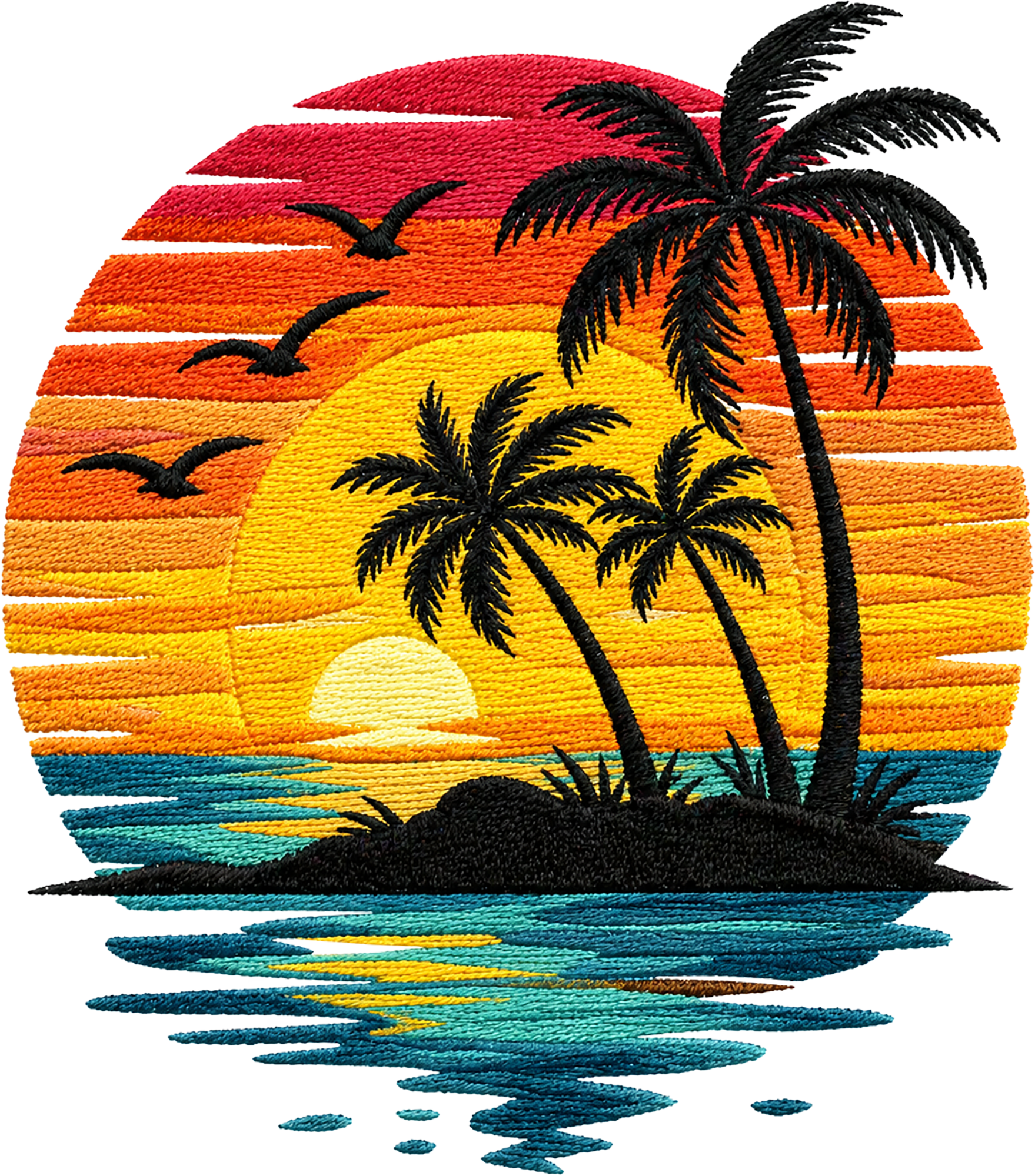 Tropical Sunset Palm Tree Ocean Beach Faux Embroidery Summer Vacation Graphic – Summer Ready to Press DTF Transfer