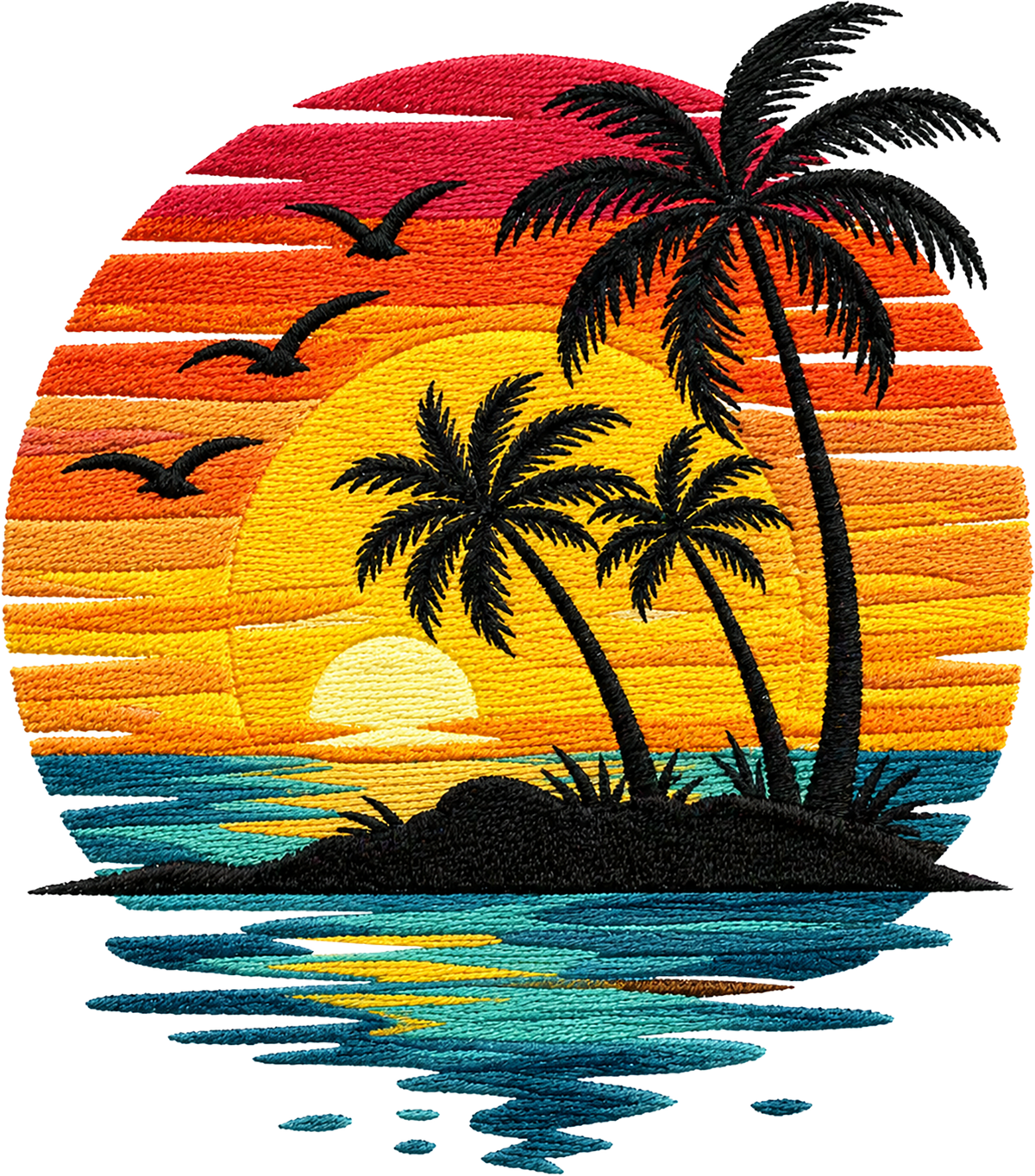 Tropical Sunset Palm Tree Ocean Beach Faux Embroidery Summer Vacation Graphic – Summer Ready to Press DTF Transfer