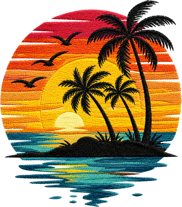 Tropical Sunset Palm Tree Ocean Beach Faux Embroidery Summer Vacation Graphic – Summer Ready to Press DTF Transfer