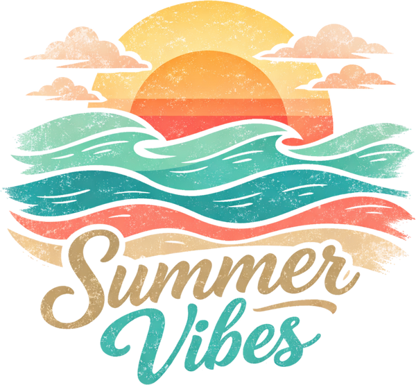 Summer Vibes Retro Beach Sunset Ocean Waves Vintage Coastal Graphic – Summer Ready to Press DTF Transfer
