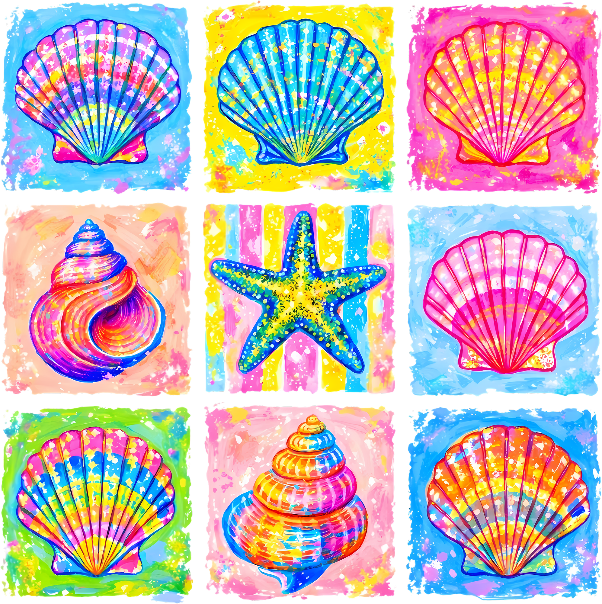 Colorful Coastal Seashells Starfish Ocean Beach Watercolor Clipart Bundle – Summer Ready to Press DTF Transfer