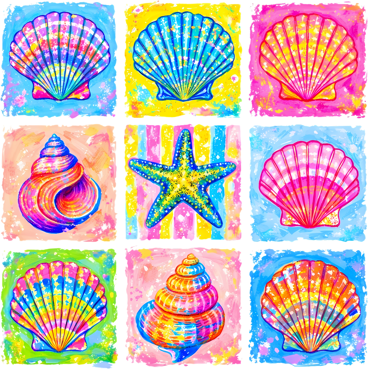 Colorful Coastal Seashells Starfish Ocean Beach Watercolor Clipart Bundle – Summer Ready to Press DTF Transfer