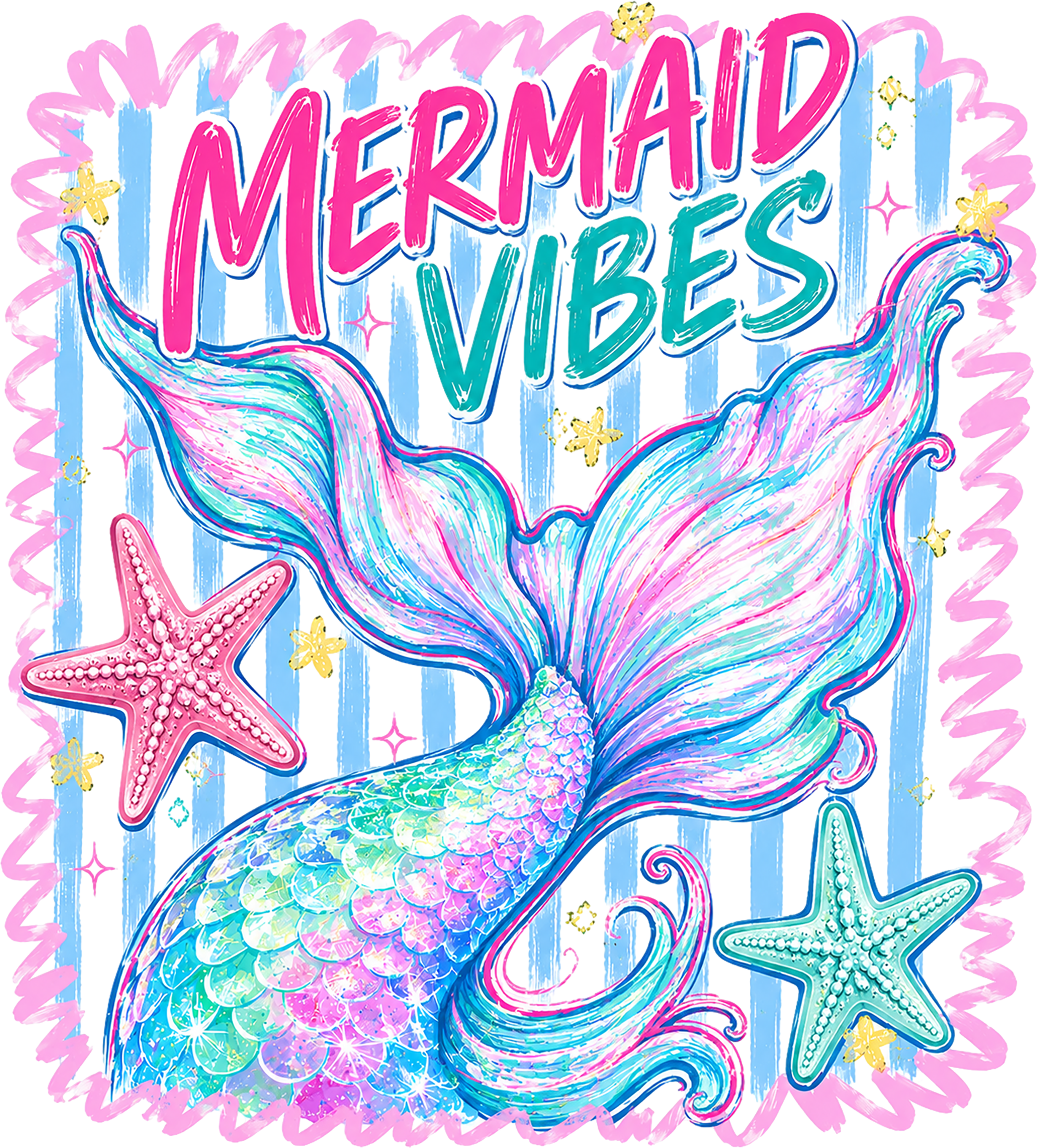 Mermaid Vibes Pastel Mermaid Tail Starfish Coastal Summer Beach Graphic – Summer Ready to Press DTF Transfer