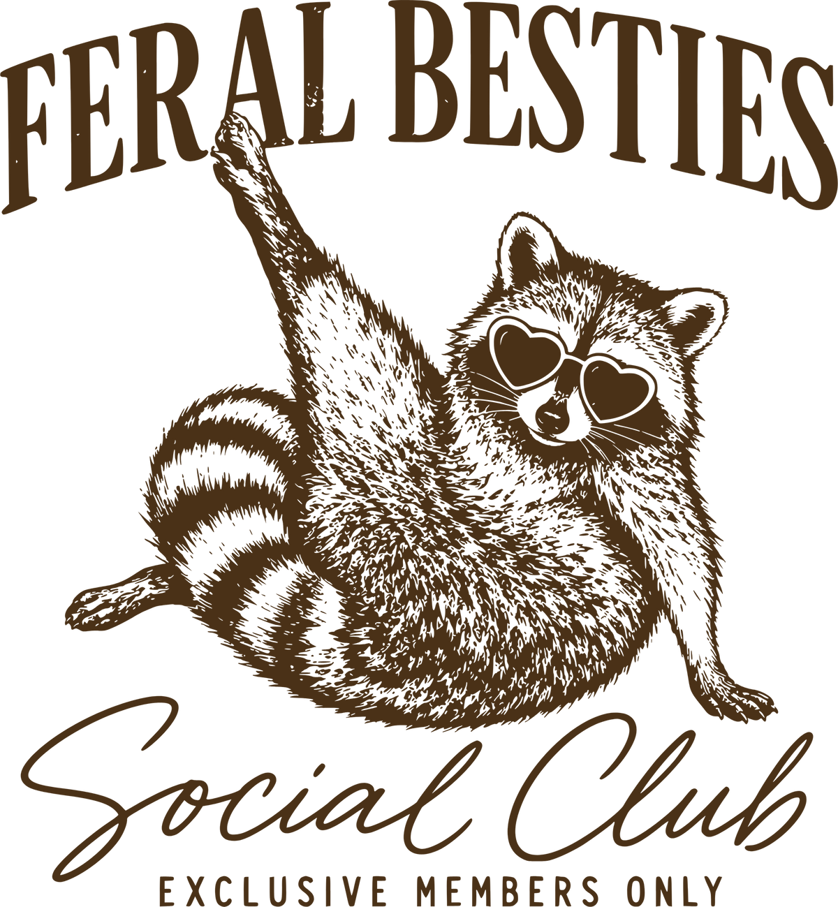 Feral Besties Social Club Raccoon with Heart Sunglasses Funny Retro Graphic – Summer Ready to Press DTF Transfer