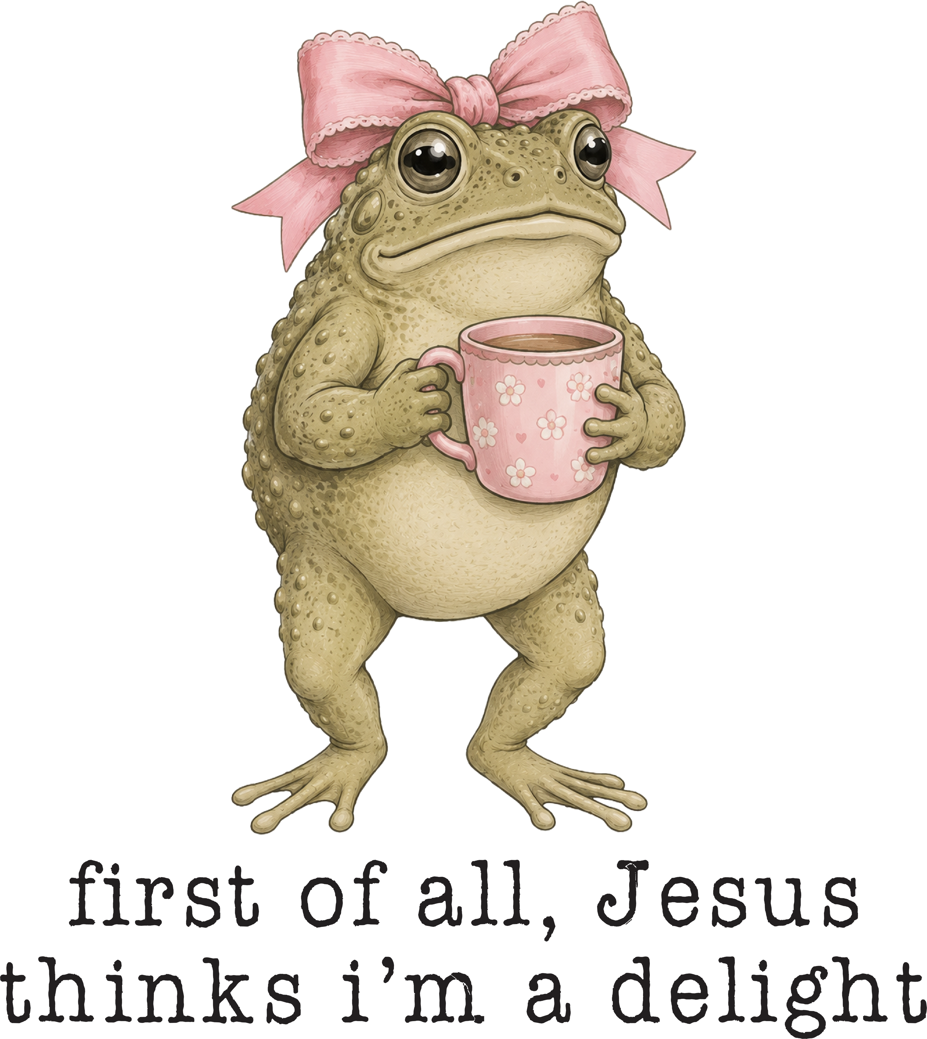 Cute Frog with Pink Bow Coffee Mug Christian Jesus Quote Graphic – Funny Ready to Press DTF Transfer