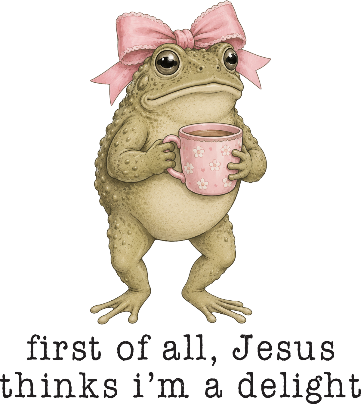 Cute Frog with Pink Bow Coffee Mug Christian Jesus Quote Graphic – Funny Ready to Press DTF Transfer