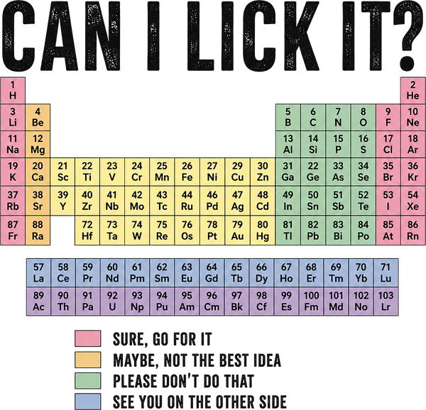 Funny Can I Lick It? Periodic Table Science Chemistry Graphic – Funny Ready to Press DTF Transfer