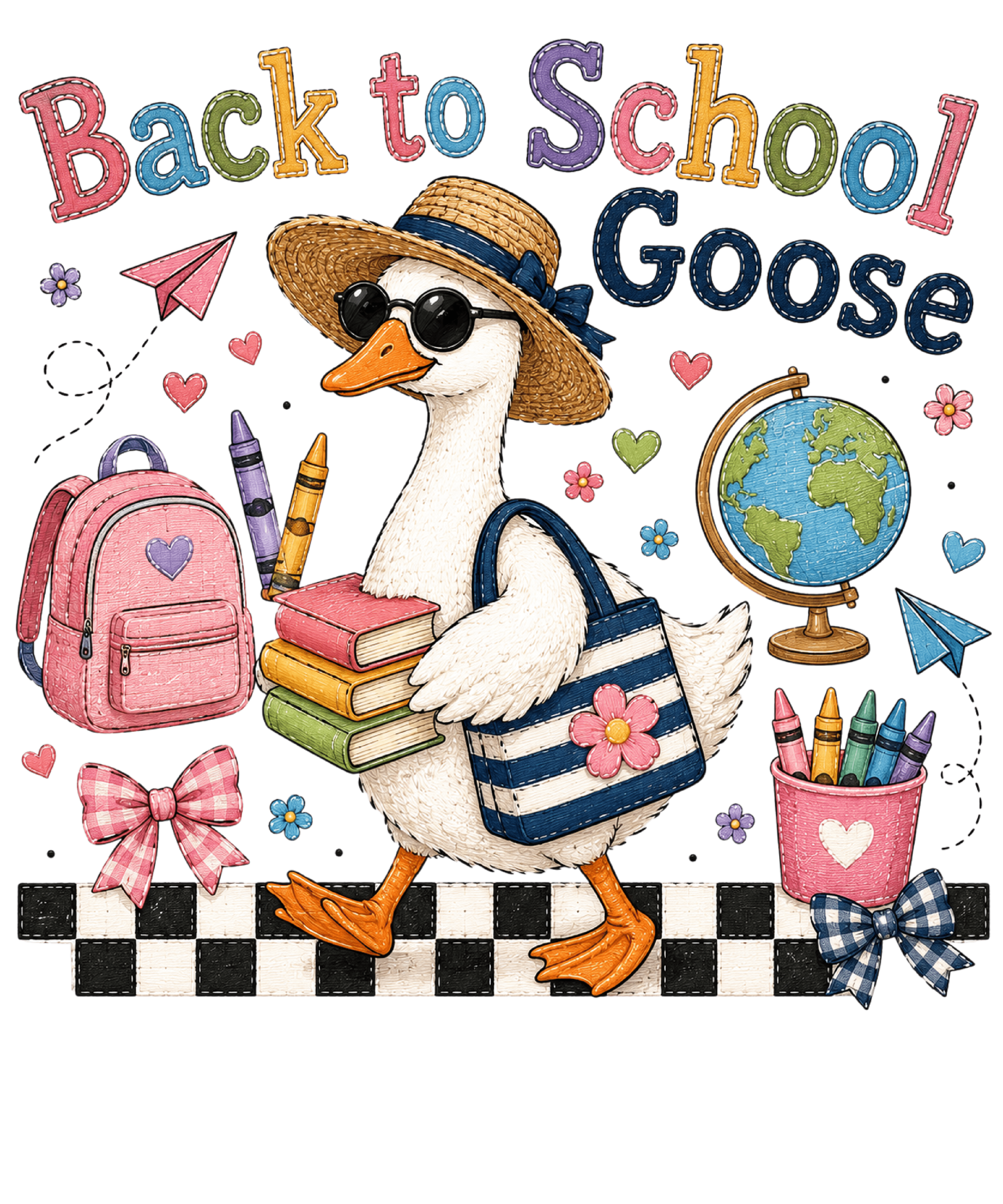 Back to School Goose with Books Backpack & Globe Cute Teacher Student Graphic – School Ready to Press DTF Transfer