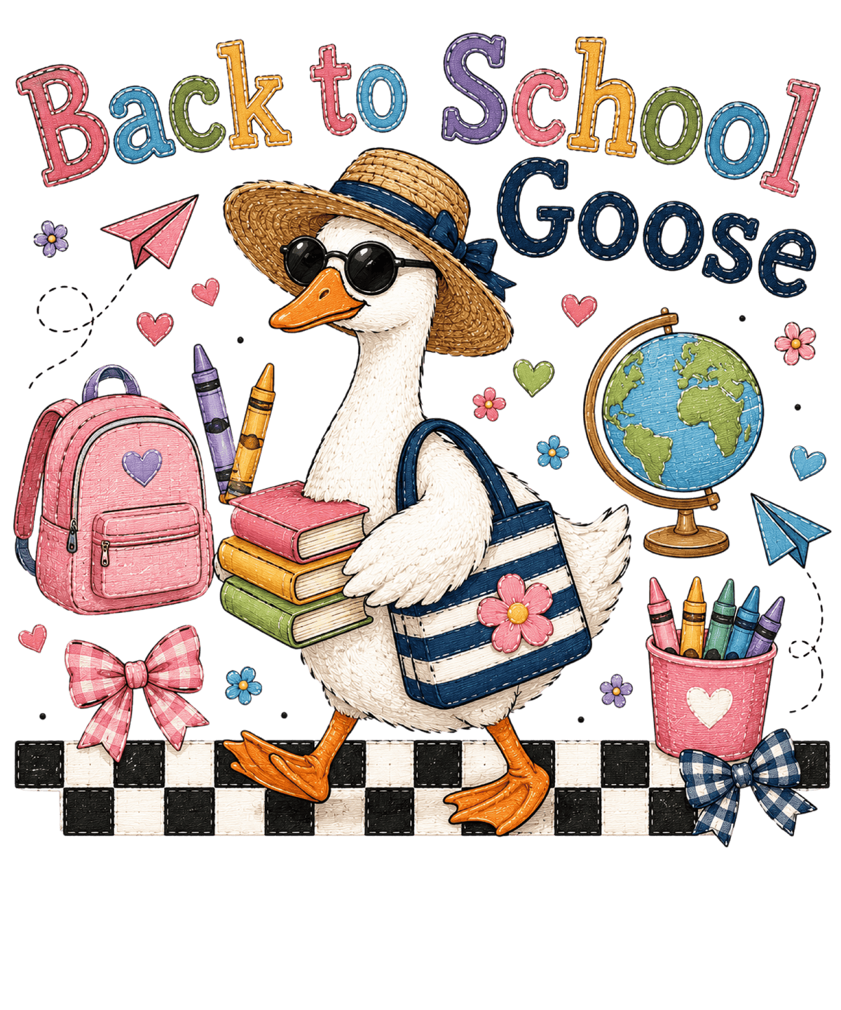 Back to School Goose with Books Backpack & Globe Cute Teacher Student Graphic – School Ready to Press DTF Transfer