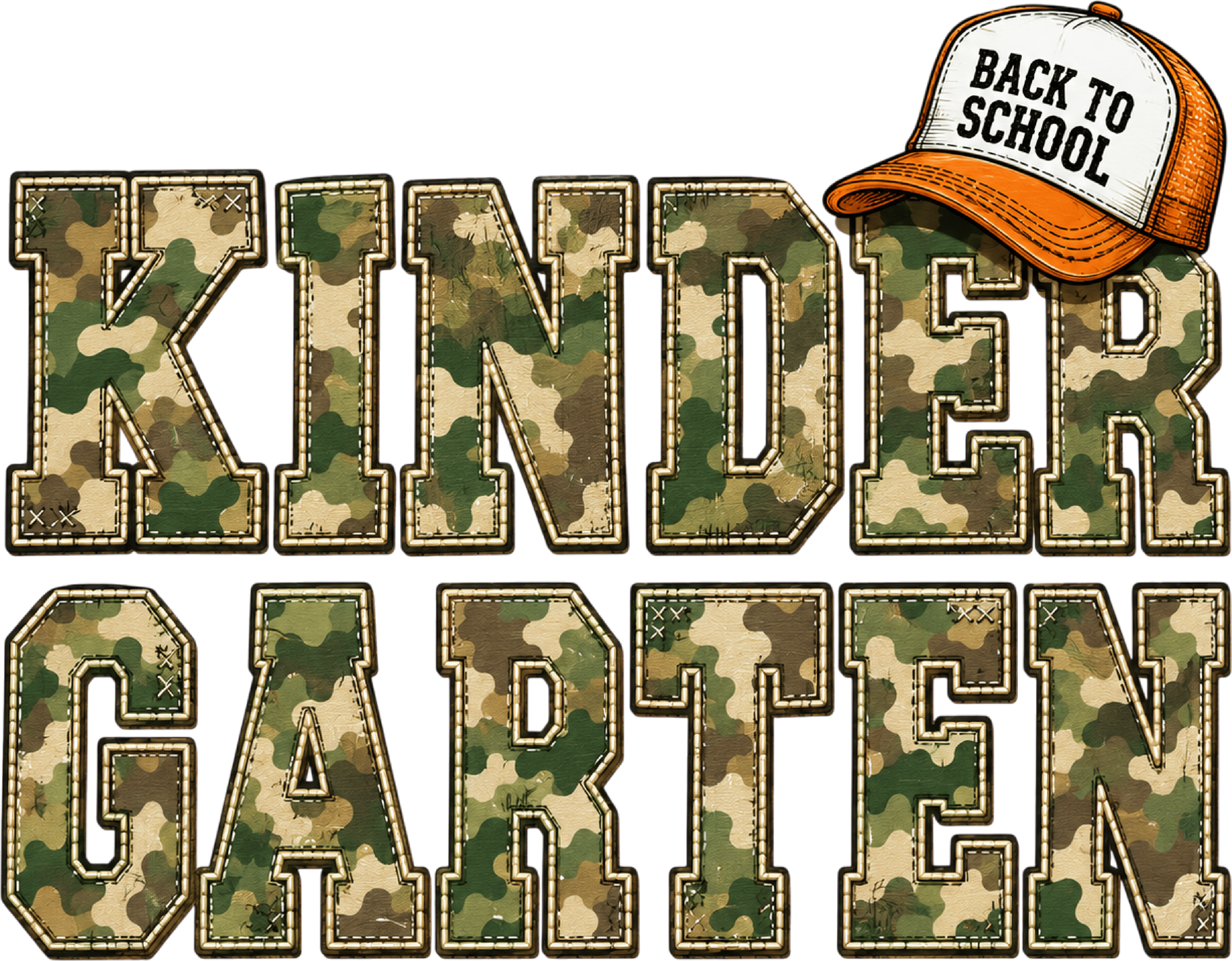 Kindergarten Back to School Camo Patch Typography with Trucker Hat Graphic – School Ready to Press DTF Transfer