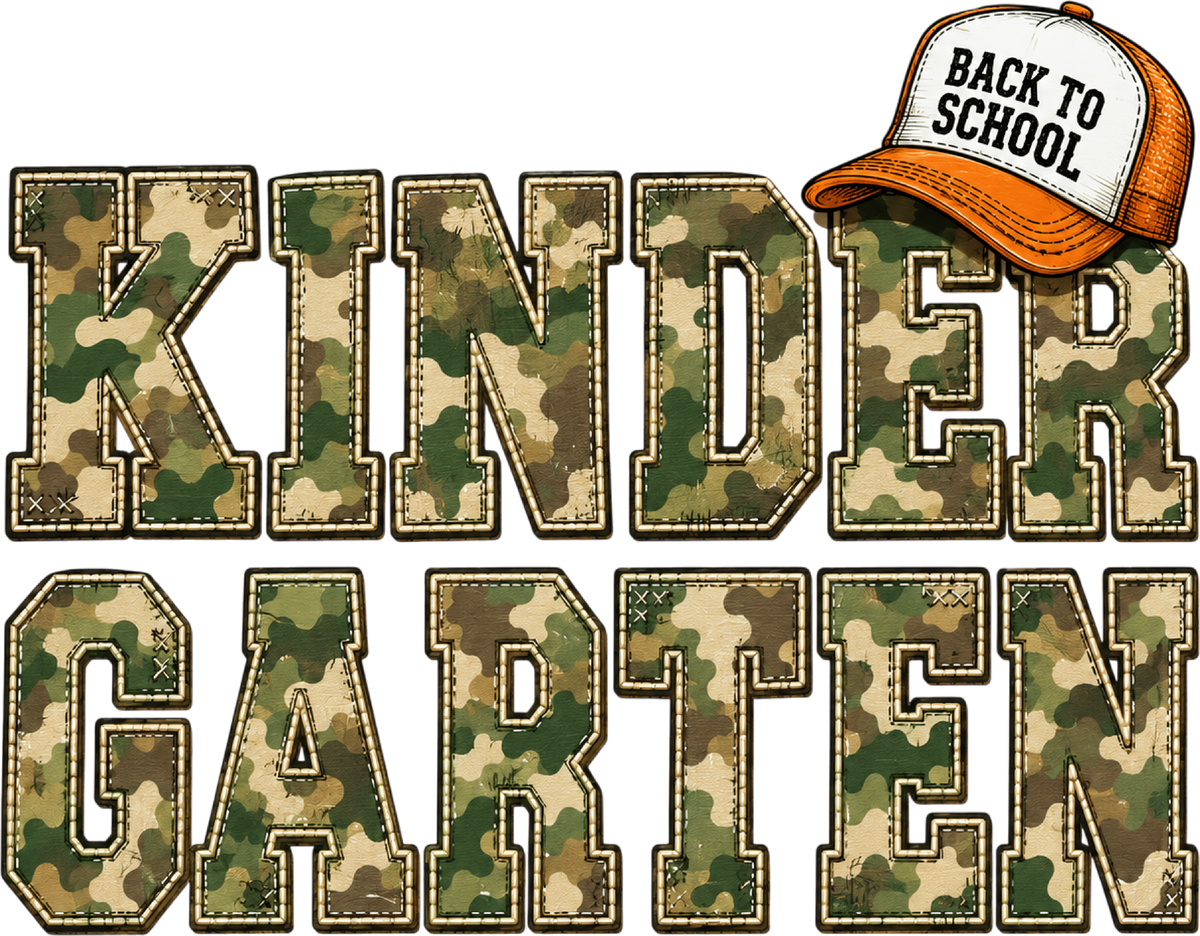 Kindergarten Back to School Camo Patch Typography with Trucker Hat Graphic – School Ready to Press DTF Transfer