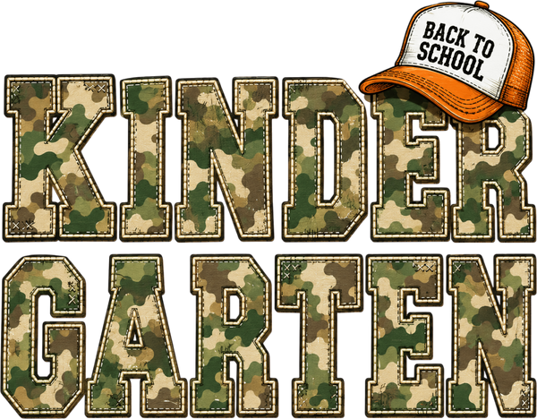 Kindergarten Back to School Camo Patch Typography with Trucker Hat Graphic – School Ready to Press DTF Transfer