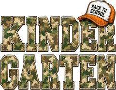 Kindergarten Back to School Camo Patch Typography with Trucker Hat Graphic – School Ready to Press DTF Transfer