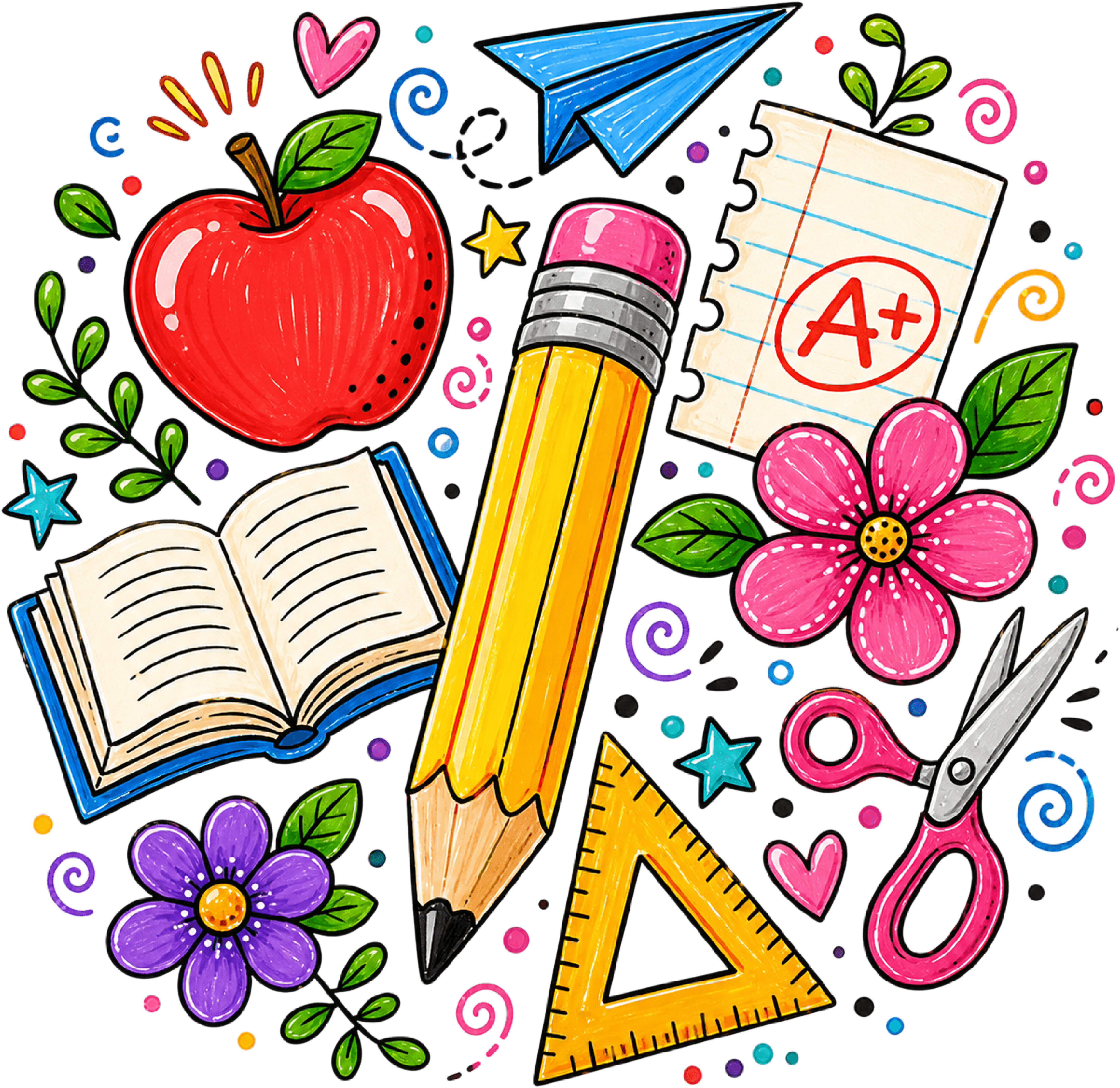 Cute School Supplies Pencil Apple Book Scissors Ruler A+ Teacher Classroom Graphic – School Ready to Press DTF Transfer