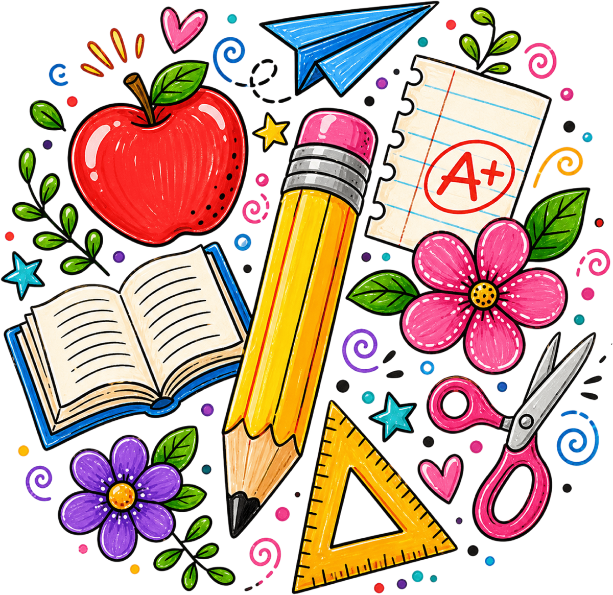 Cute School Supplies Pencil Apple Book Scissors Ruler A+ Teacher Classroom Graphic – School Ready to Press DTF Transfer