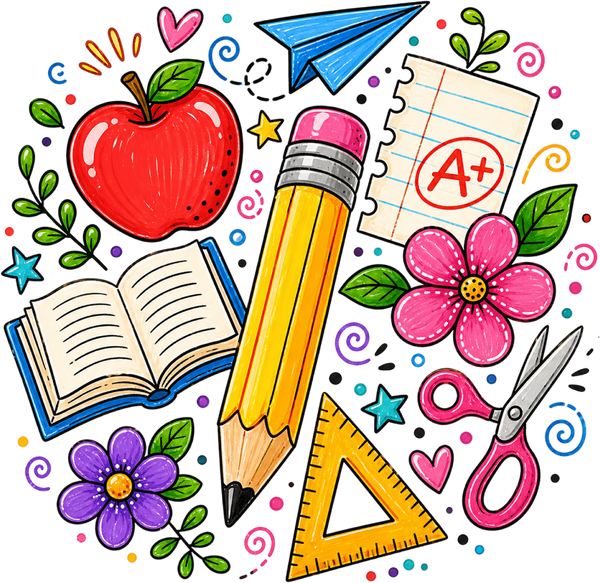 Cute School Supplies Pencil Apple Book Scissors Ruler A+ Teacher Classroom Graphic – School Ready to Press DTF Transfer