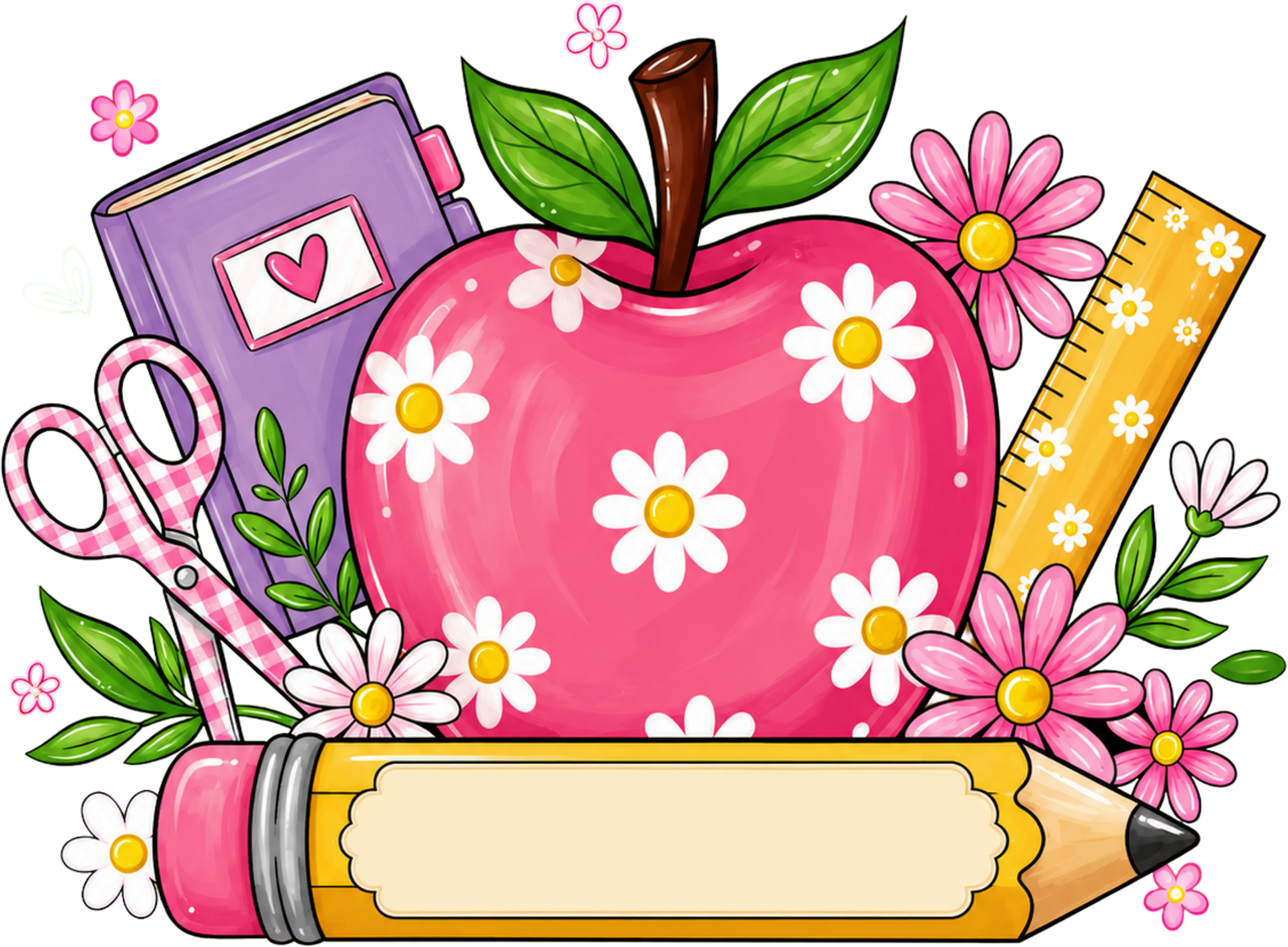 Preppy Personalized Floral Apple Pencil School Supplies Teacher Classroom Graphic – School Ready to Press DTF Transfer