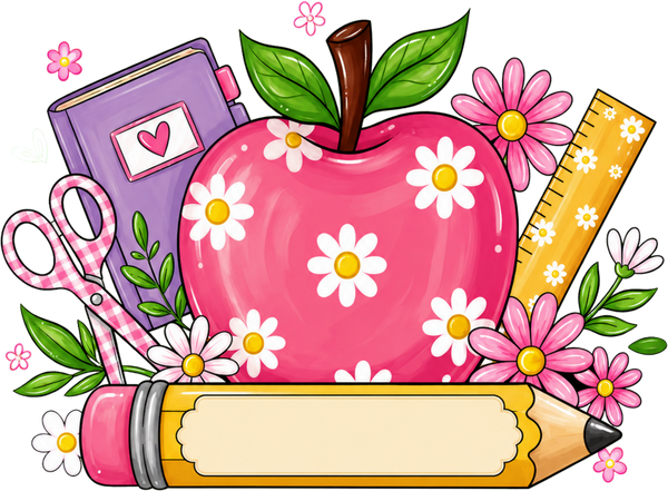 Preppy Personalized Floral Apple Pencil School Supplies Teacher Classroom Graphic – School Ready to Press DTF Transfer
