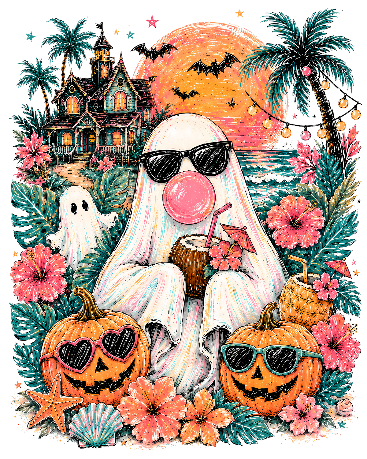 Summerween Tropical Ghost Pumpkin Beach Halloween Graphic – Halloween Ready to Press DTF Transfer