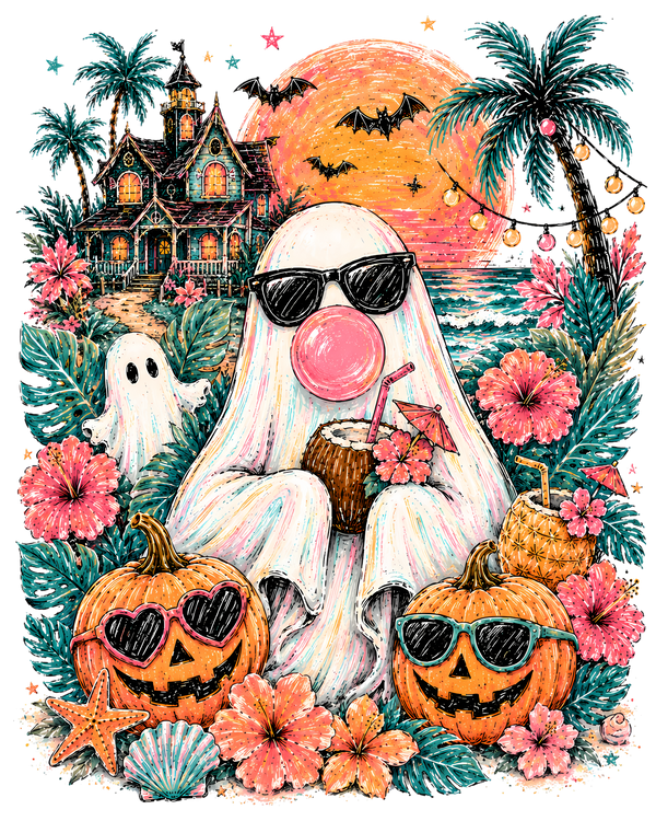 Summerween Tropical Ghost Pumpkin Beach Halloween Graphic – Halloween Ready to Press DTF Transfer