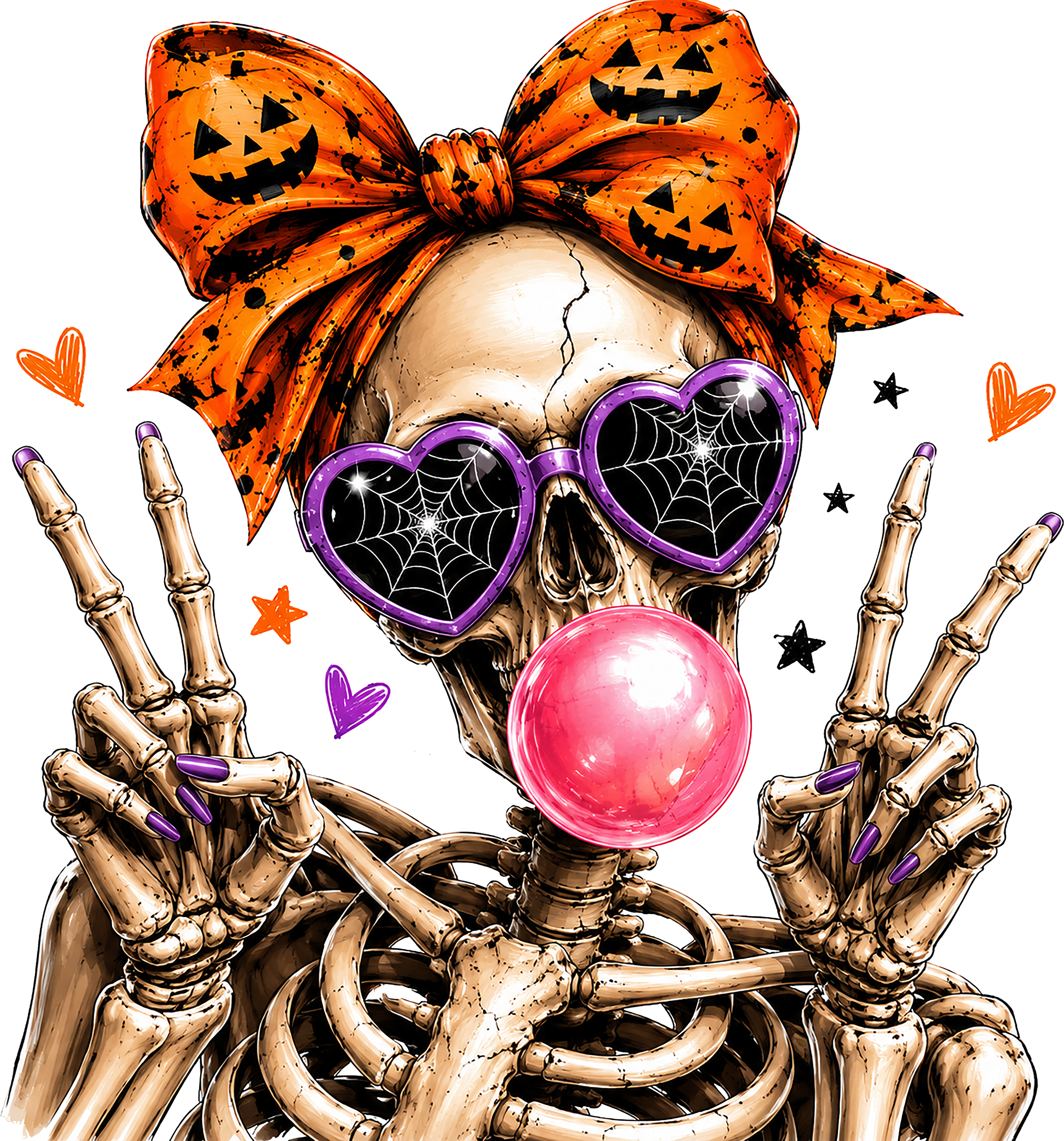 Spooky Skeleton with Pumpkin Bow Heart Spiderweb Sunglasses Bubble Gum Graphic – Halloween Ready to Press DTF Transfer