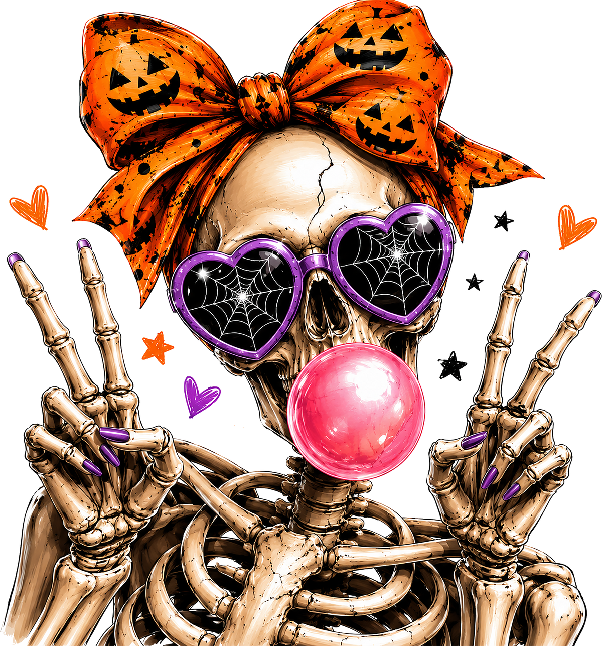 Spooky Skeleton with Pumpkin Bow Heart Spiderweb Sunglasses Bubble Gum Graphic – Halloween Ready to Press DTF Transfer