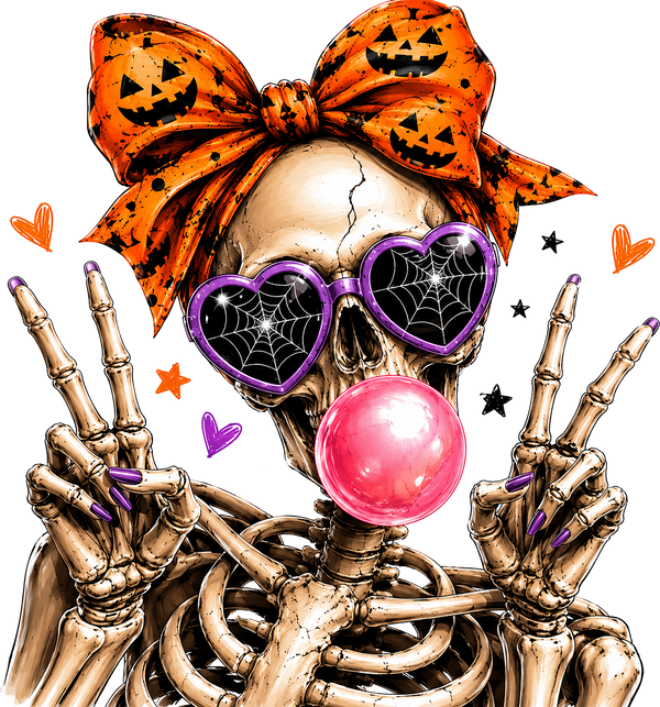Spooky Skeleton with Pumpkin Bow Heart Spiderweb Sunglasses Bubble Gum Graphic – Halloween Ready to Press DTF Transfer
