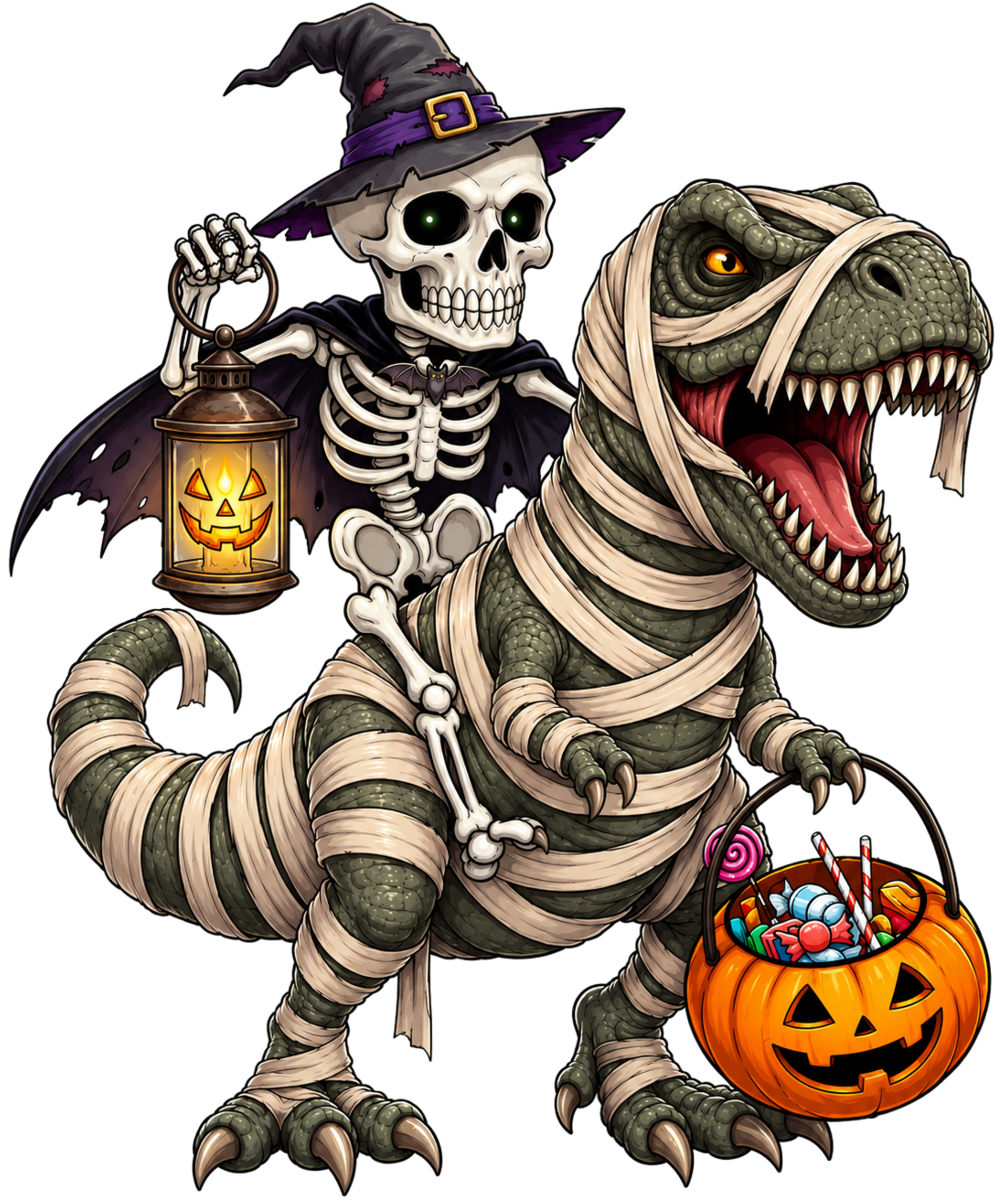 Skeleton Riding Mummy T-Rex with Candy Bucket Halloween Graphic – Halloween Ready to Press DTF Transfer