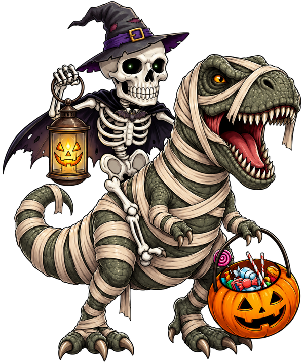 Skeleton Riding Mummy T-Rex with Candy Bucket Halloween Graphic – Halloween Ready to Press DTF Transfer
