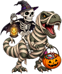 Skeleton Riding Mummy T-Rex with Candy Bucket Halloween Graphic – Halloween Ready to Press DTF Transfer