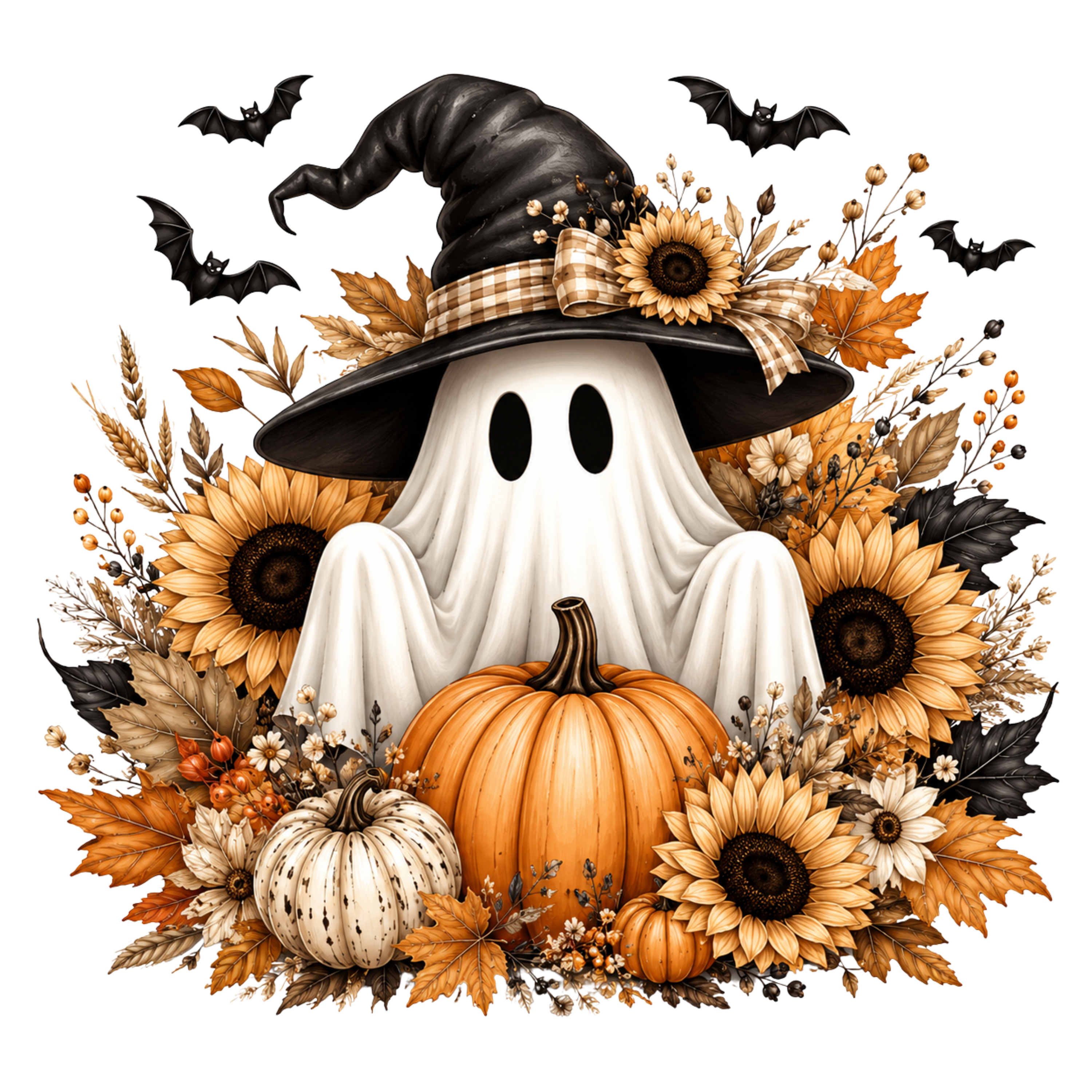 Cozy Fall Ghost with Witch Hat Sunflowers Pumpkins Autumn Floral Halloween Graphic – Halloween Ready to Press DTF Transfer