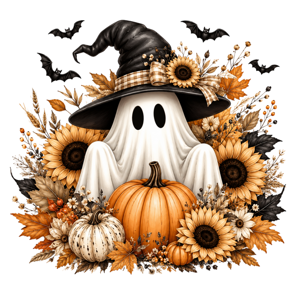 Cozy Fall Ghost with Witch Hat Sunflowers Pumpkins Autumn Floral Halloween Graphic – Halloween Ready to Press DTF Transfer