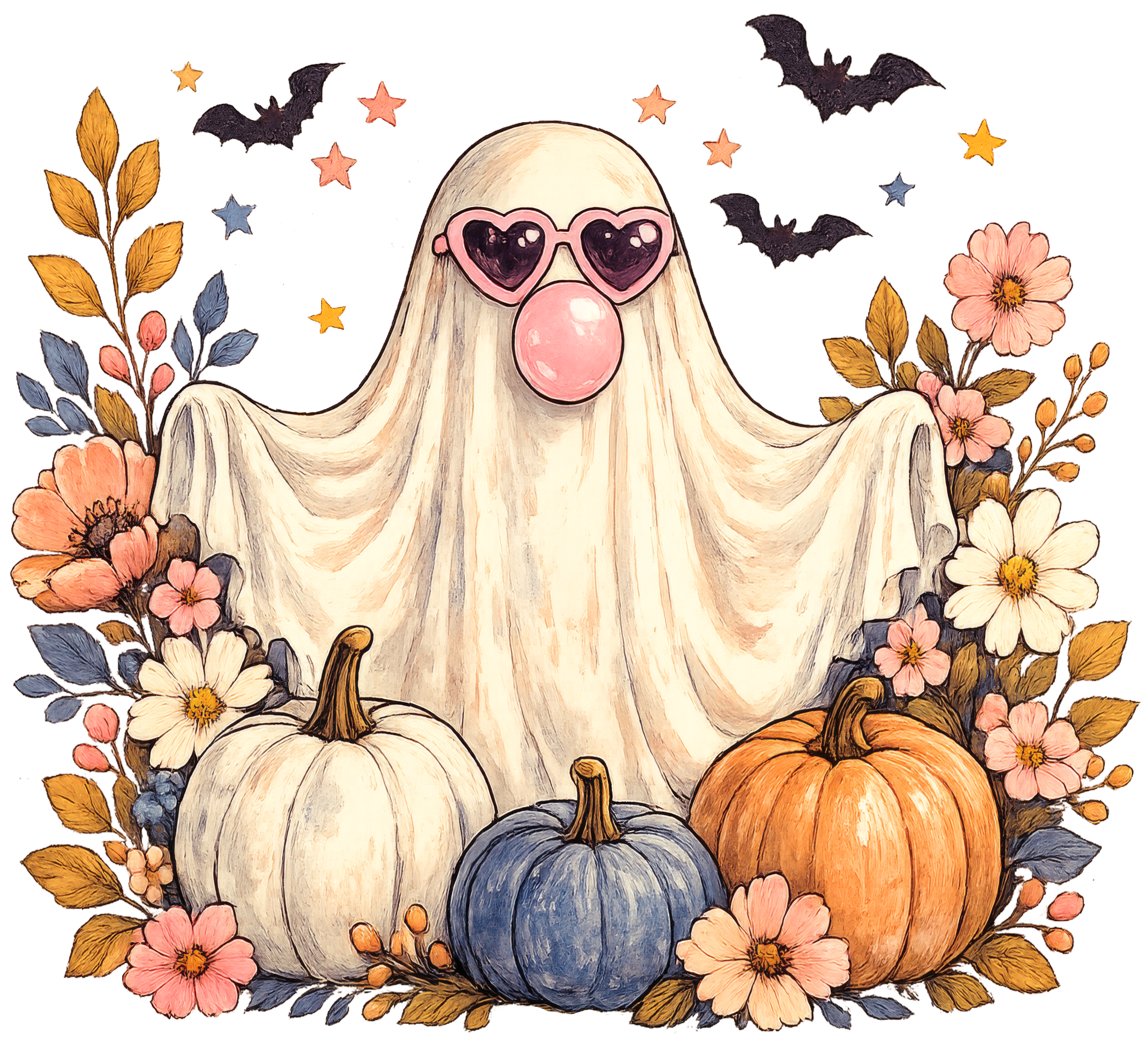 Cute Halloween Ghost With Sunglasses & Bubble Gum – Halloween Ready to Press DTF Transfer