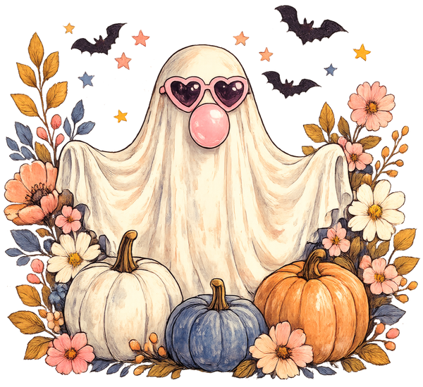 Cute Halloween Ghost With Sunglasses & Bubble Gum – Halloween Ready to Press DTF Transfer