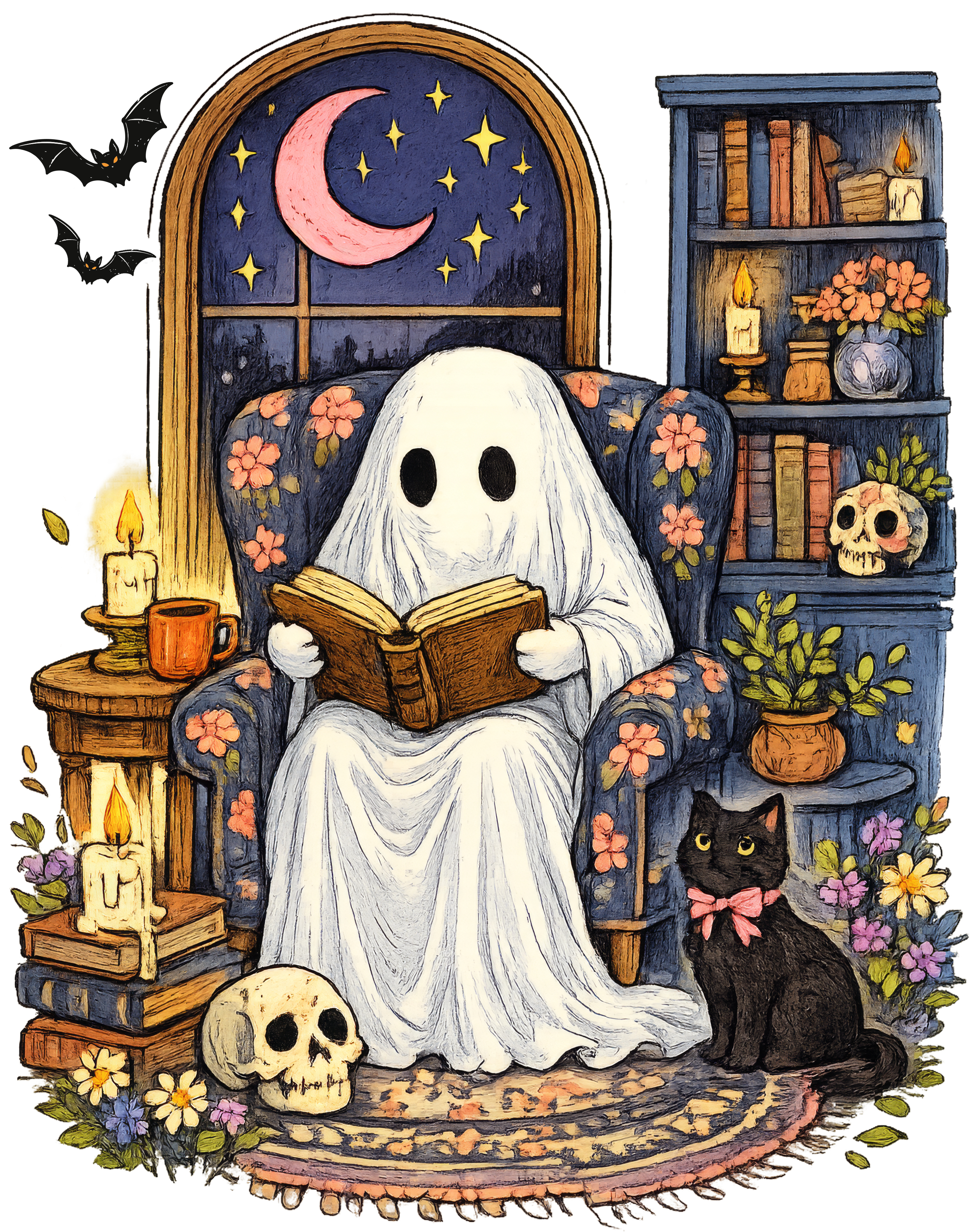 Cozy Ghost with Witch Hat Graphic – Halloween Ready to Press DTF Transfer