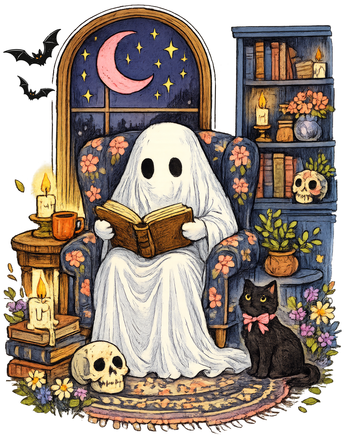 Cozy Ghost with Witch Hat Graphic – Halloween Ready to Press DTF Transfer