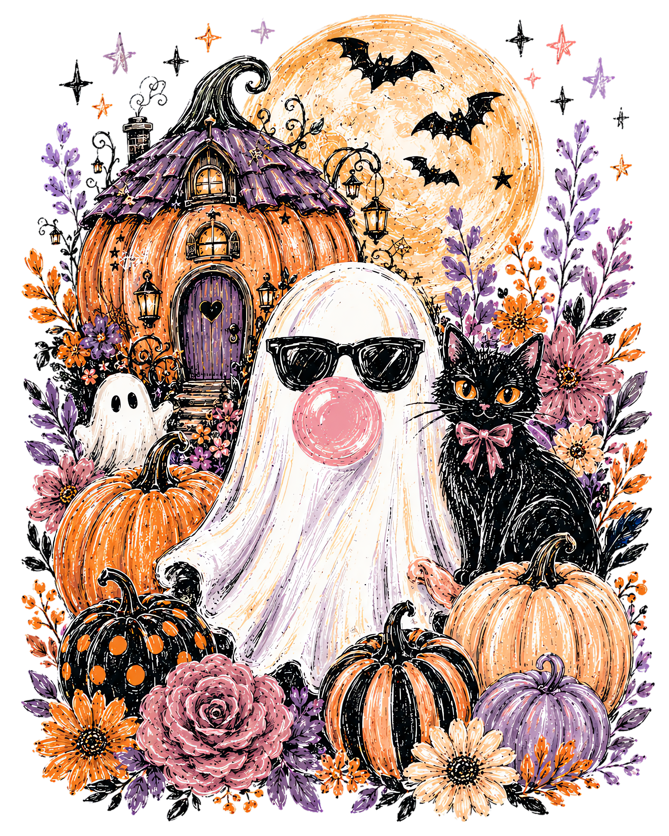 Cute Halloween Ghost with Pumpkin House & Black Cat Graphic – Halloween Ready to Press DTF Transfer
