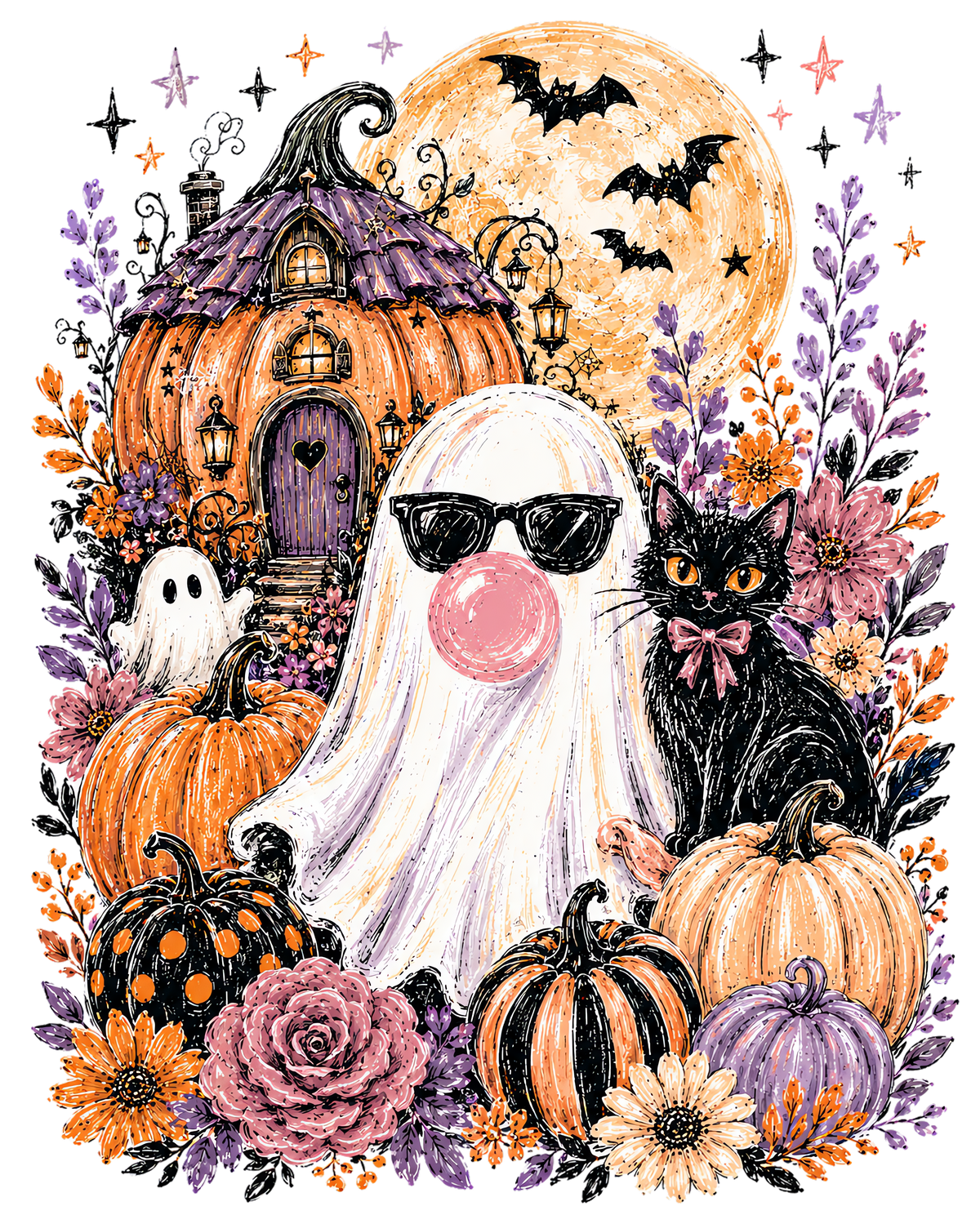 Cute Halloween Ghost with Pumpkin House & Black Cat Graphic – Halloween Ready to Press DTF Transfer