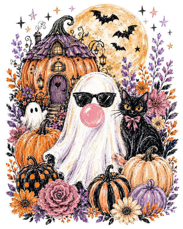 Cute Halloween Ghost with Pumpkin House & Black Cat Graphic – Halloween Ready to Press DTF Transfer