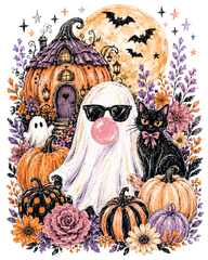 Cute Halloween Ghost with Pumpkin House & Black Cat Graphic – Halloween Ready to Press DTF Transfer