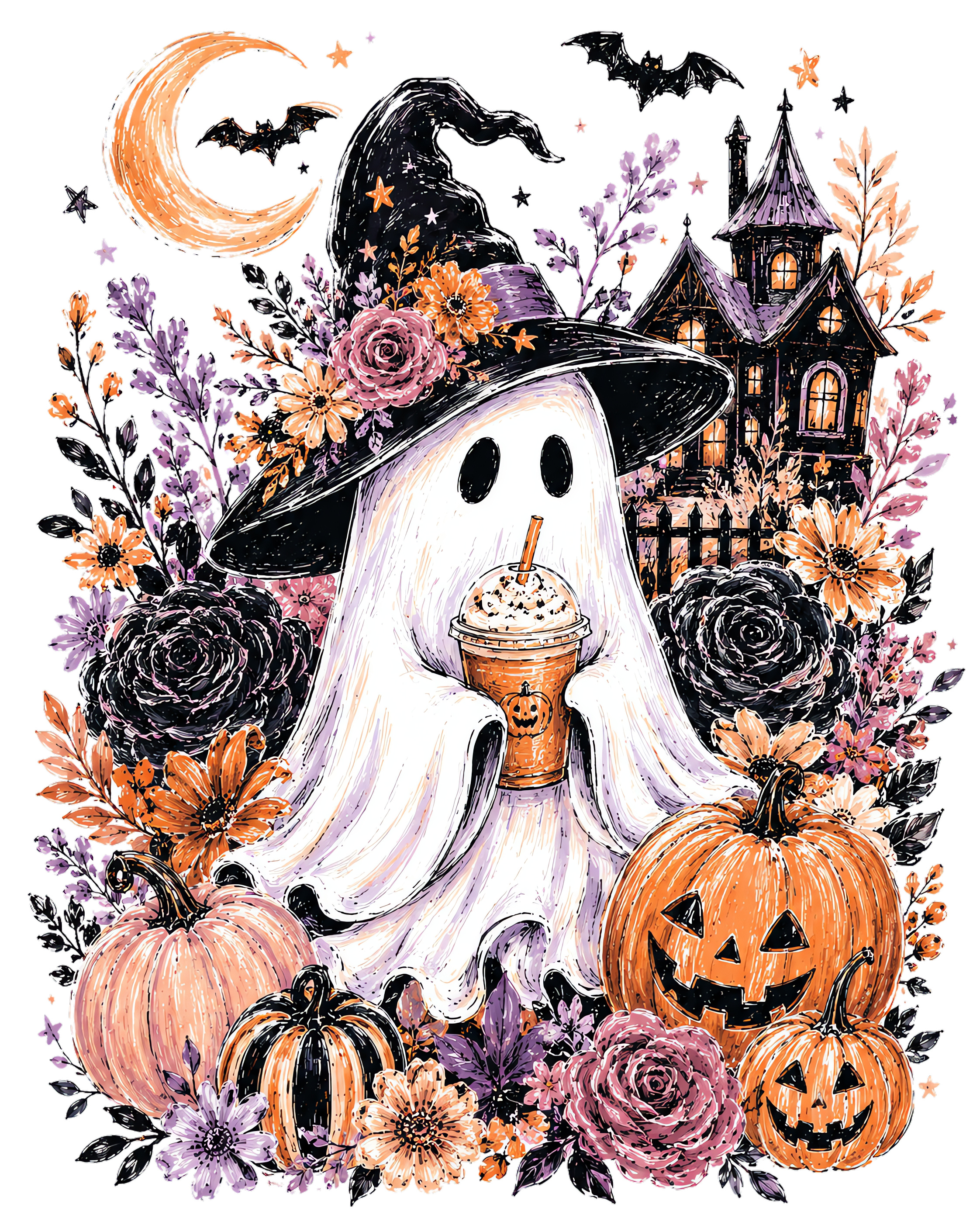 Cute Halloween Ghost with Witch Hat & Pumpkin Spice Coffee Graphic – Halloween Ready to Press DTF Transfer
