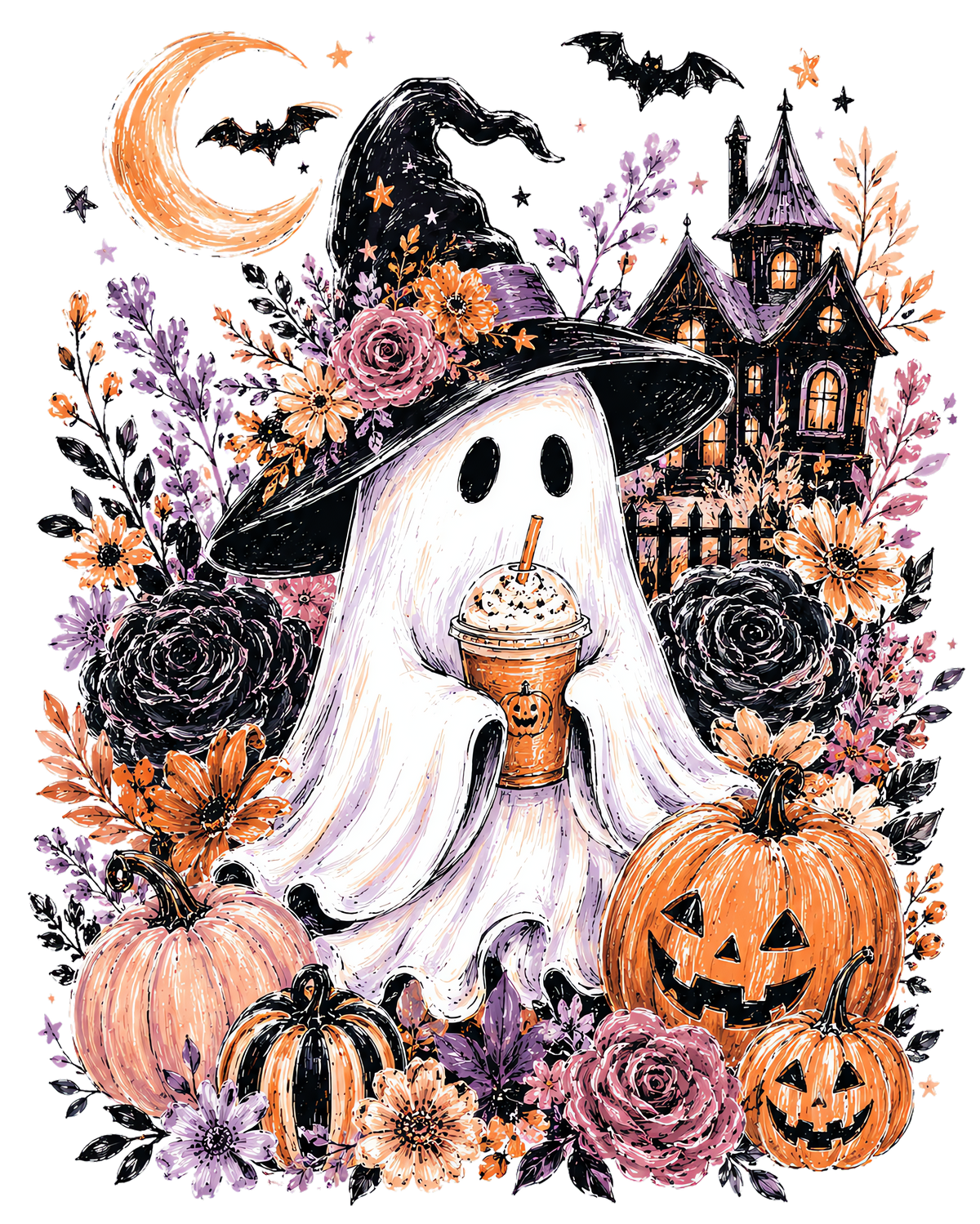 Cute Halloween Ghost with Witch Hat & Pumpkin Spice Coffee Graphic – Halloween Ready to Press DTF Transfer